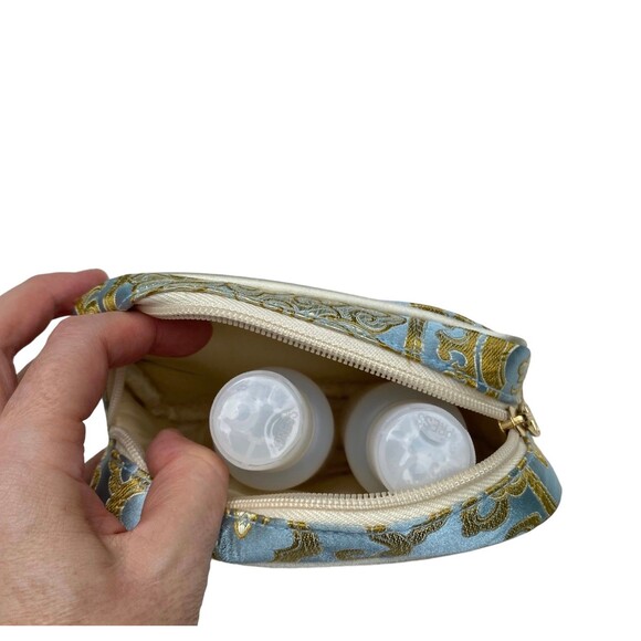 Vtg 60s Baby Blue Gold Chinoiserie Vanity Case 3pc Cosmetic Travel Bag Set - Picture 7 of 10